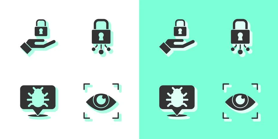 Set Eye scan, Lock in hand, System bug and Cyber security icon. Vector Stock-Illustration
