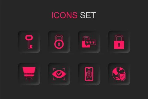 Set Eye scan, Lock, Old key, Mobile with fingerprint scanner, Shield world .. Stock Illustration