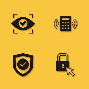 Set Eye scan, Lock, Shield with check mark and Security keypad access panel icon 스톡 일러스트