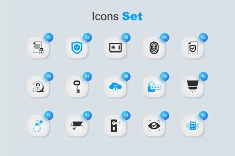 Set Eye scan Old key Shield with check mark Bomb Security keypad access panel 스톡 일러스트