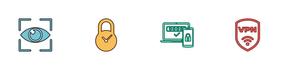 Set Eye scan, Padlock with clock, Two steps authentication and Shield VPN Stock Illustration