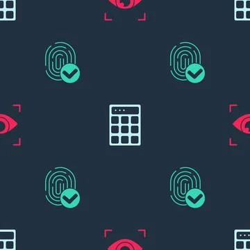 Set Eye scan, Password protection and Fingerprint on seamless pattern. Vector Illustrazione stock