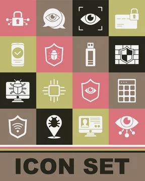Set Eye scan, Password protection, Shield with brick wall, System bug Illustrazione stock