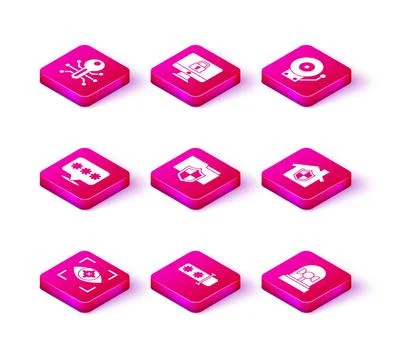 Set Eye scan, Password protection, Document folder, Flasher siren, House under Illustrazione stock