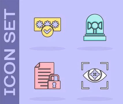 Set Eye scan, Password protection, Document and lock and Flasher siren icon.. Illustrazione stock