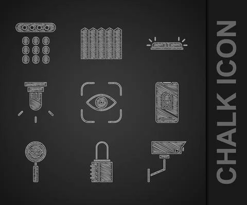 Set Eye scan, Safe combination lock, Security camera, Mobile with closed padlock 스톡 일러스트