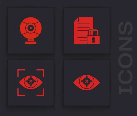 Set Eye scan, Security camera, Document and lock and icon. Vector Illustrazione stock