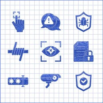 Set Eye scan, Security camera, Shield with check mark, Document and lock Stock Illustration