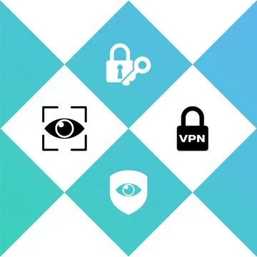 Set Eye scan, Shield and eye, Lock key and VPN icon. Vector Stock Illustration