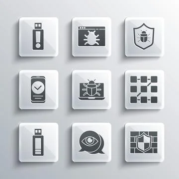 Set Eye scan, Shield with brick wall, Graphic password protection, System bug Stock Illustration