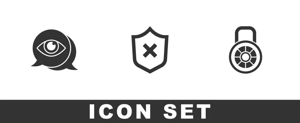 Set Eye scan, Shield with cross mark and Safe combination lock icon. Vector Stock Illustration