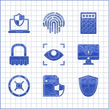 Set Eye scan, Shield with cyber security brick wall, Lock computer monitor Stock Illustration