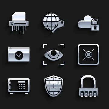 Set Eye scan, Shield with cyber security brick wall, Safe combination lock Stockillustratie