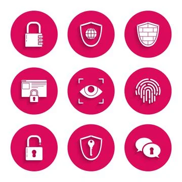 Set Eye scan, Shield with key, Protection of personal data, Fingerprint, Open Stock Illustration
