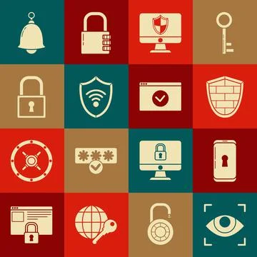 Set Eye scan, Smartphone with lock, Shield cyber security brick wall, Computer Stock Illustration