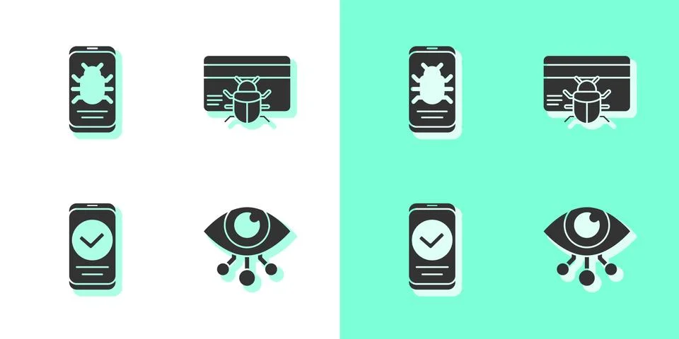 Set Eye scan, System bug on mobile, Smartphone and in credit card icon. Vector Ilustración de archivo