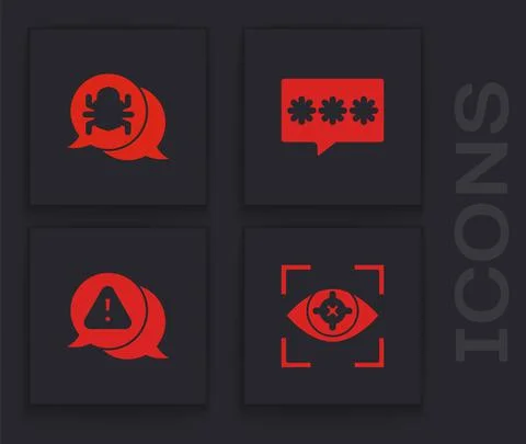 Set Eye scan, System bug, Password protection and Exclamation mark in triangle Stock Illustration