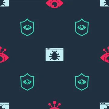 Set Eye scan, System bug and Shield and eye on seamless pattern. Vector Stock-Illustration