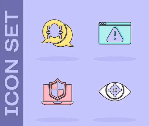 Set Eye scan, System bug, Laptop protected with shield and Browser exclamation Stock Illustration