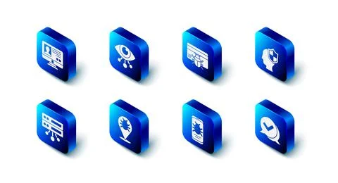 Set Eye scan, System bug in credit card, Head with shield, Check mark speech Stock Illustration