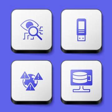 Set Eye scan, USB flash drive, Earth with exclamation mark and Cloud database Stock Illustration