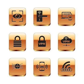 Set Eye scan, VPN with microchip circuit, Smart car alarm system, Lock, and Two Stock Illustration