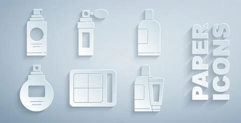 Set Eye shadow palette, Bottle of shampoo, Perfume, Cream or lotion cosmeti.. Stock Illustration