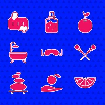 Set Eye sleep mask, Apple in hand, Citrus fruit, Knitting needles, Stack hot Stock Illustration