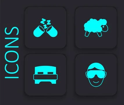 Set Eye sleep mask, Sleeping pill, Sheep and Big bed icon. Black square button Stock Illustration