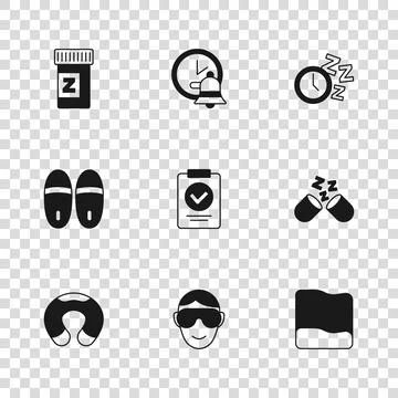 Set Eye sleep mask, Sleeping pill, Pillow, Medical prescription, Alarm cloc.. 스톡 일러스트