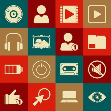 Set Eye, Speaker mute, Document folder, Play Video, Picture landscape Stock Illustration