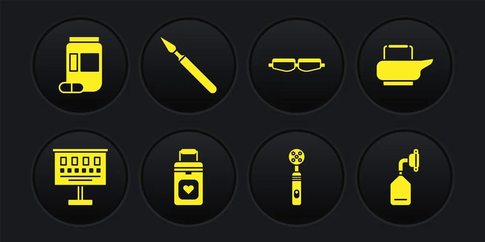 Set Eye test chart, Bedpan, Organ container, Electric toothbrush, Safety goggle Stock Illustration
