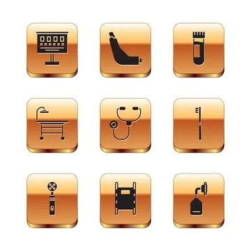 Set Eye test chart, Electric toothbrush, Stretcher, Stethoscope, Operating table Stock Illustration