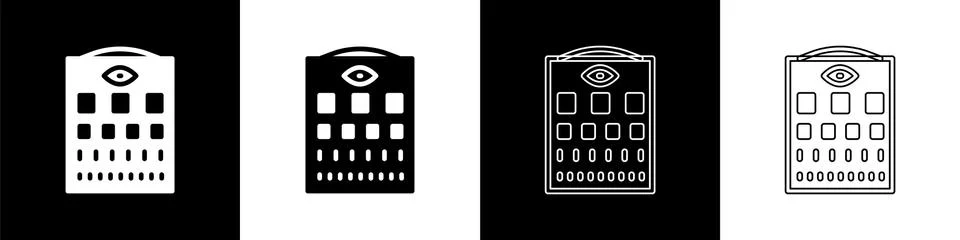 Set Eye test chart icon isolated on black and white background. Poster for Stock Illustration