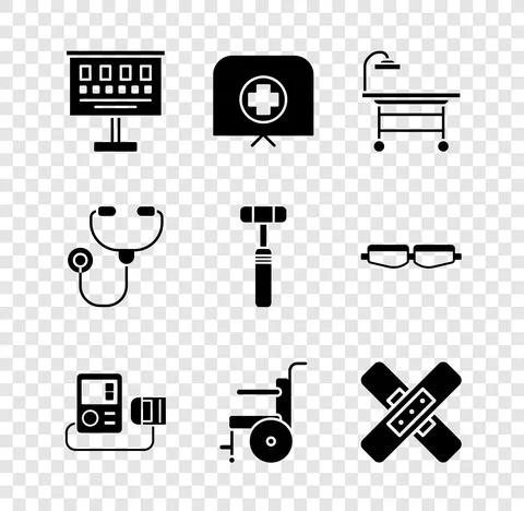 Set Eye test chart, Nurse hat with cross, Operating table, Blood pressure Stock Illustration