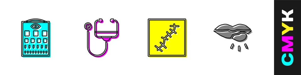 Set Eye test chart, Stethoscope, Scar with suture and Herpes lip icon. Vector Stock Illustration