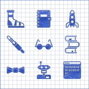 Set Eyeglasses, Robot, Binary code, Book, Bow tie, Audio jack, Rocket ship and 스톡 일러스트