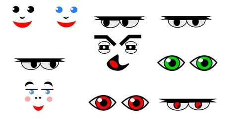 Set of Eyes and Faces in Different Moods - White Background Illustrazione stock