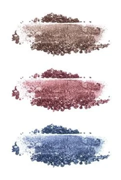 Set of eyeshadow sample isolated on white background. Crushed brown, blue and Stock-Fotos