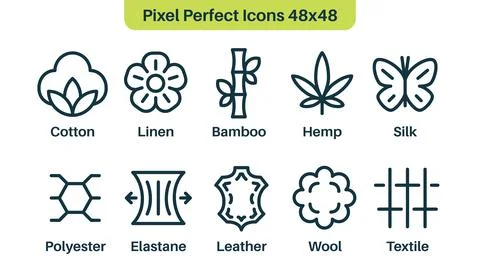Set of fabric types or product material. Cotton, Polyester, Wool, Bamboo icons Stock Illustration