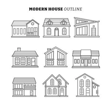 Set of Facade of a Modern House Design outline collection with line art sty.. Stock Illustration