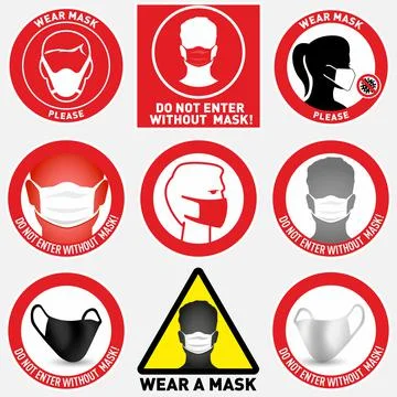 Set of face mask required vector signs. Facemask or covering must be worn in Stock Illustration