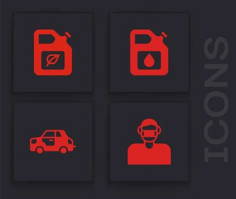 Set Face in protective mask, Bio fuel canister, Canister for gasoline and Car Illustration