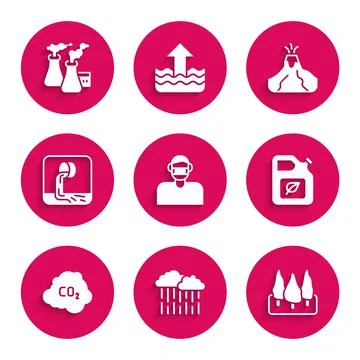 Set Face in protective mask, Cloud with rain, Forest, Bio fuel canister, CO2 Stock Illustration