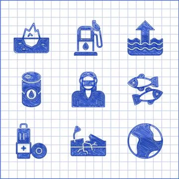 Set Face in protective mask, Earthquake, globe, Dead fish, Battery, Barrel oi イラスト素材