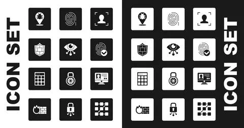 Set Face recognition, Eye scan, Shield with brick wall, System bug, Fingerprint 스톡 일러스트