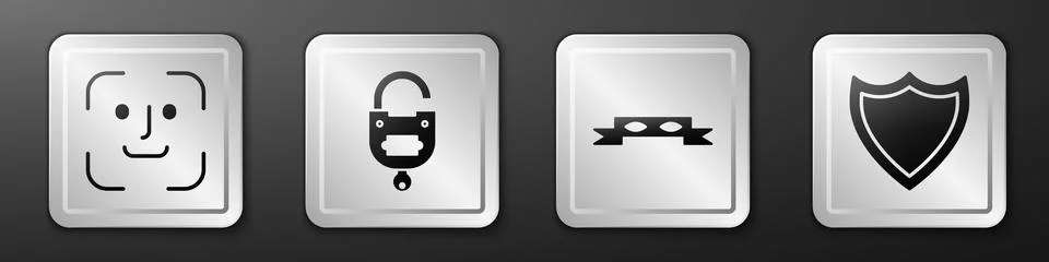 Set Face recognition, Lock and key, Thief eye mask and Shield icon. Silver Stock Illustration