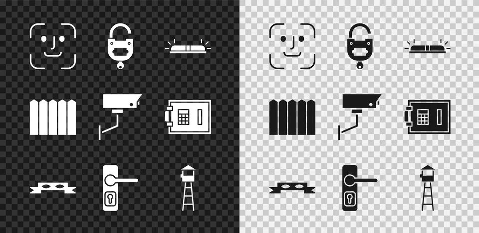 Set Face recognition, Lock and key, Flasher siren, Thief eye mask, Door handle Illustration