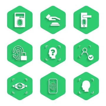 Set Face recognition, Mobile with fingerprint scan, Eye, Fingerprint lock, .. Illustration