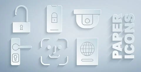 Set Face recognition, Motion sensor, Door handle, Passport, Mobile with closed Illustration